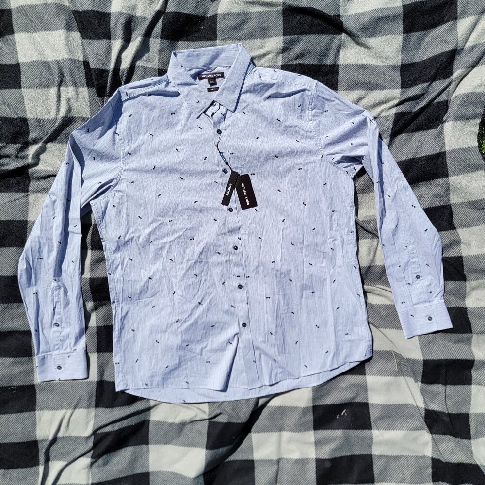 NWT XXL Michael Kors Slim Fit Stretch Glasses Pattern Button Up Long Sleeve